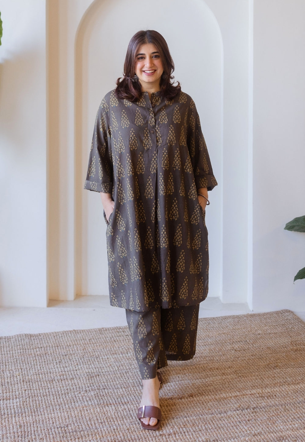 EXP - Ajrakh Coffee Brown Checks Kurta