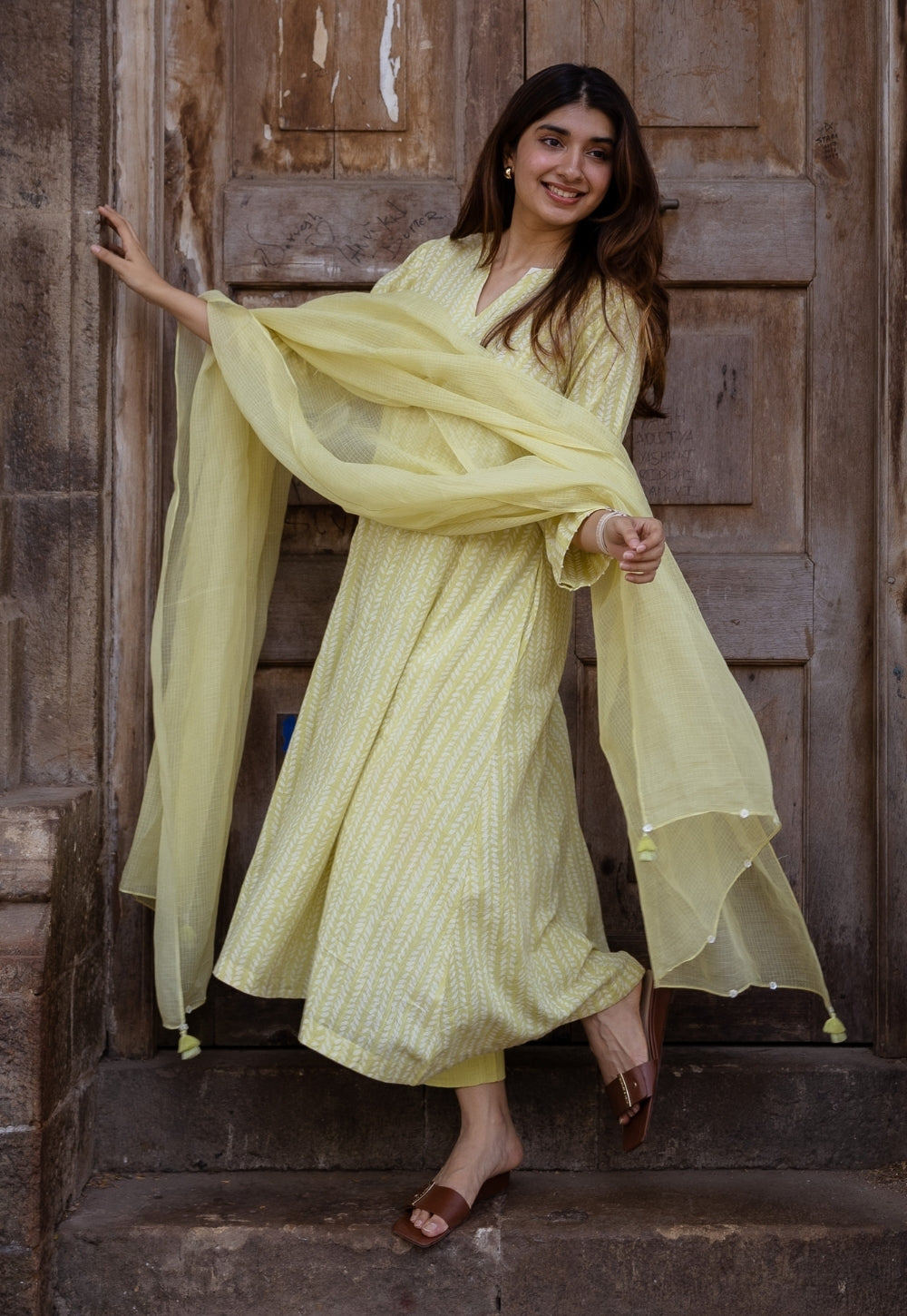 Malika Lime Green Hand Block Print Slub Cotton Kali Kurta with Hand Embroidery