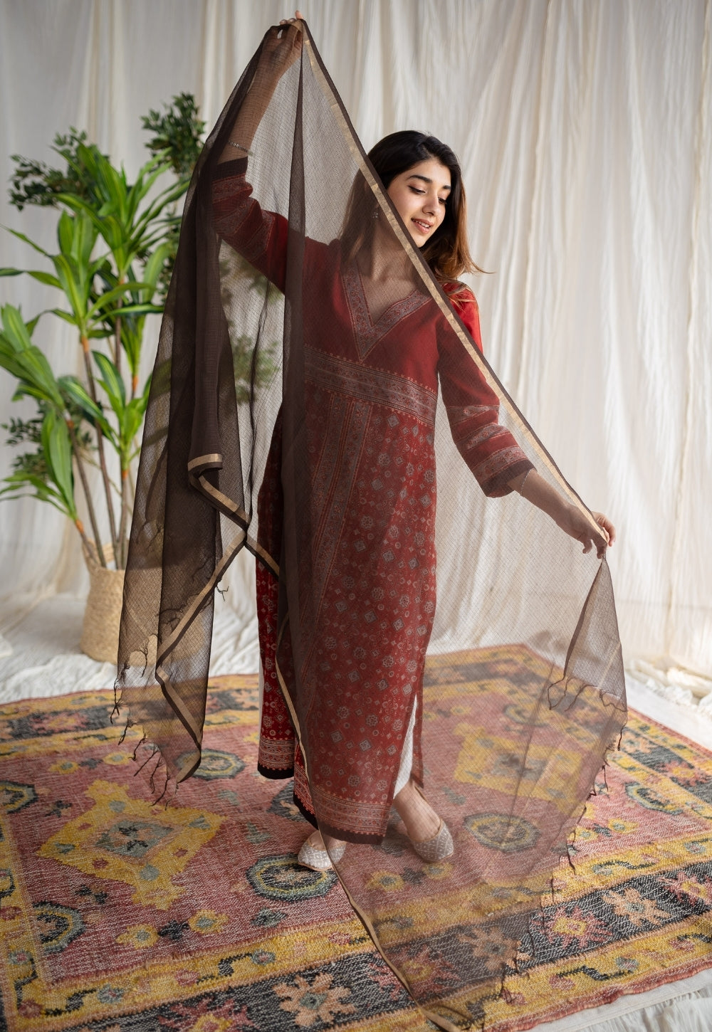 Brown - Kota Doria Silk Cotton Kashida Embroidery Dupatta 62
