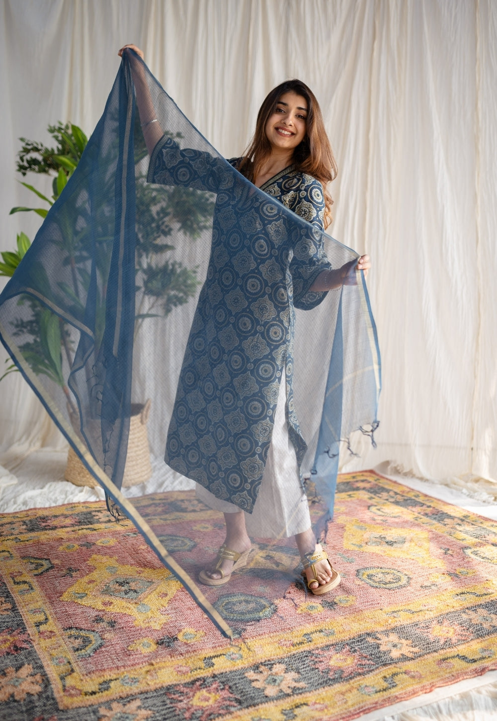 Aqua Dupatta Kota Doria Silk