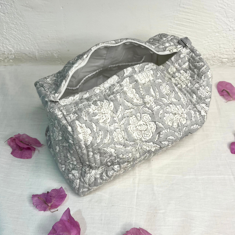 Grey Quilted Cotton Pouch