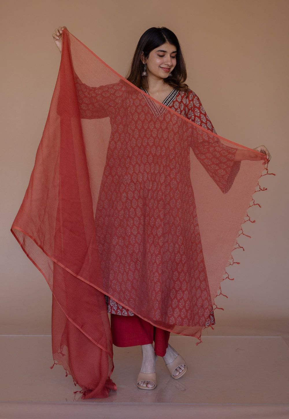 Red - Plain Cotton Kota Doria Dupatta 12