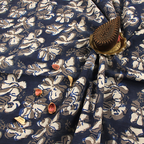 Indigo Hibiscus Floral Bagru Dabu Hand Block Printed Cotton Fabric