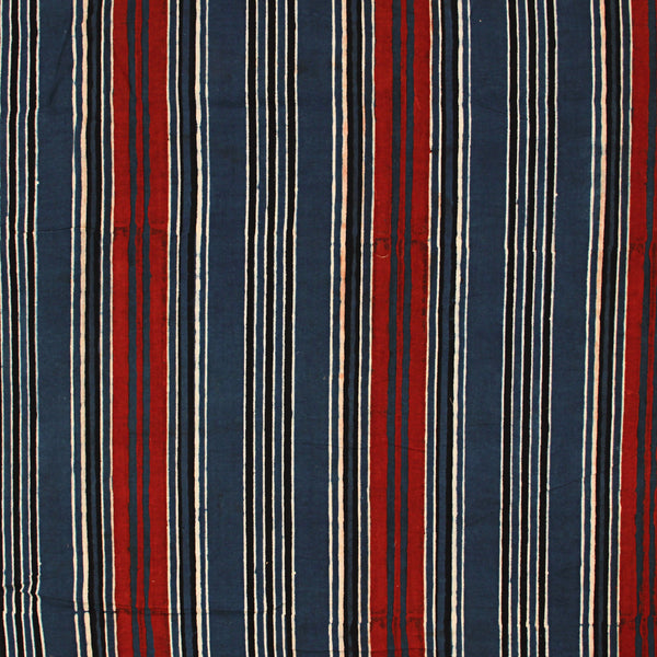 Red Black Lines Ajrakh Hand Block Printed Cotton Fabric