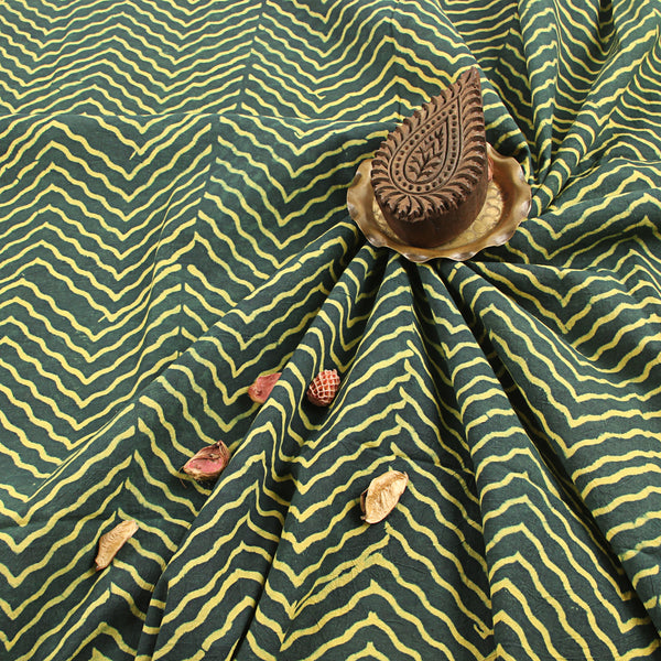 Green & White Zigzag Design Ajrakh Handblock Print Cotton Fabric