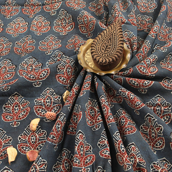 Blue All Over Butta Floral Ajrakh Handblock Print Cotton Fabric