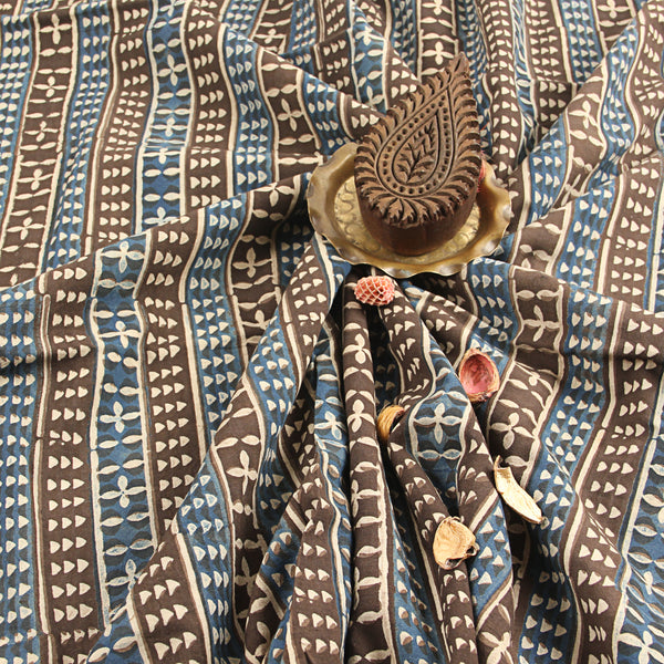 Charcoal-Indigo Triangle Border Ajrakh Hand Block Printed Cotton Fabric