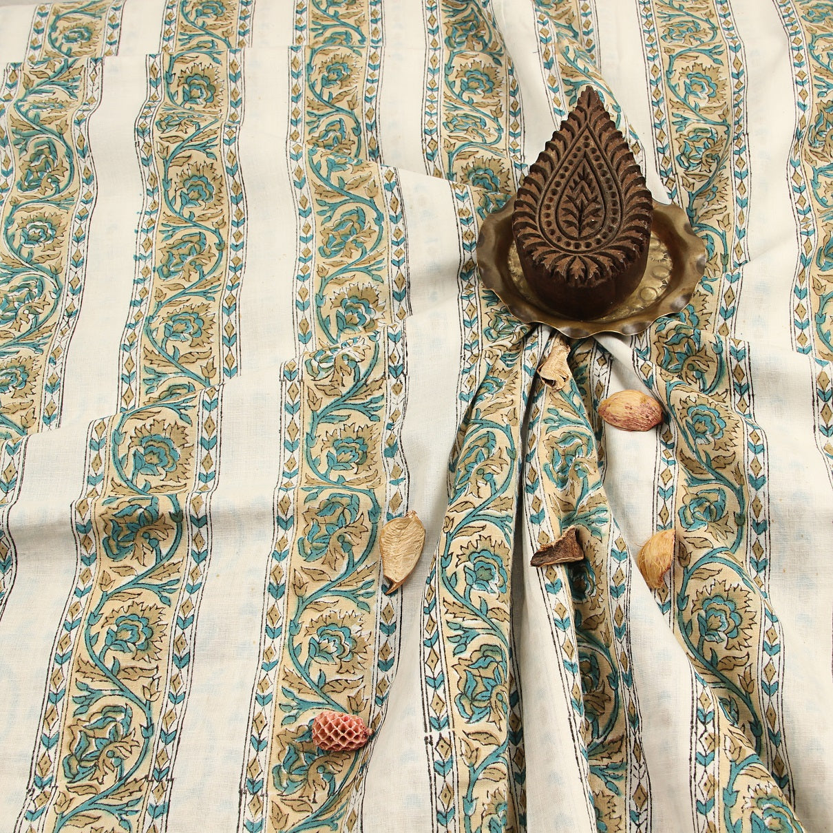 White with Pink Herons Sanganeri Block Printed Cotton Stole with Beaded Border main image 1