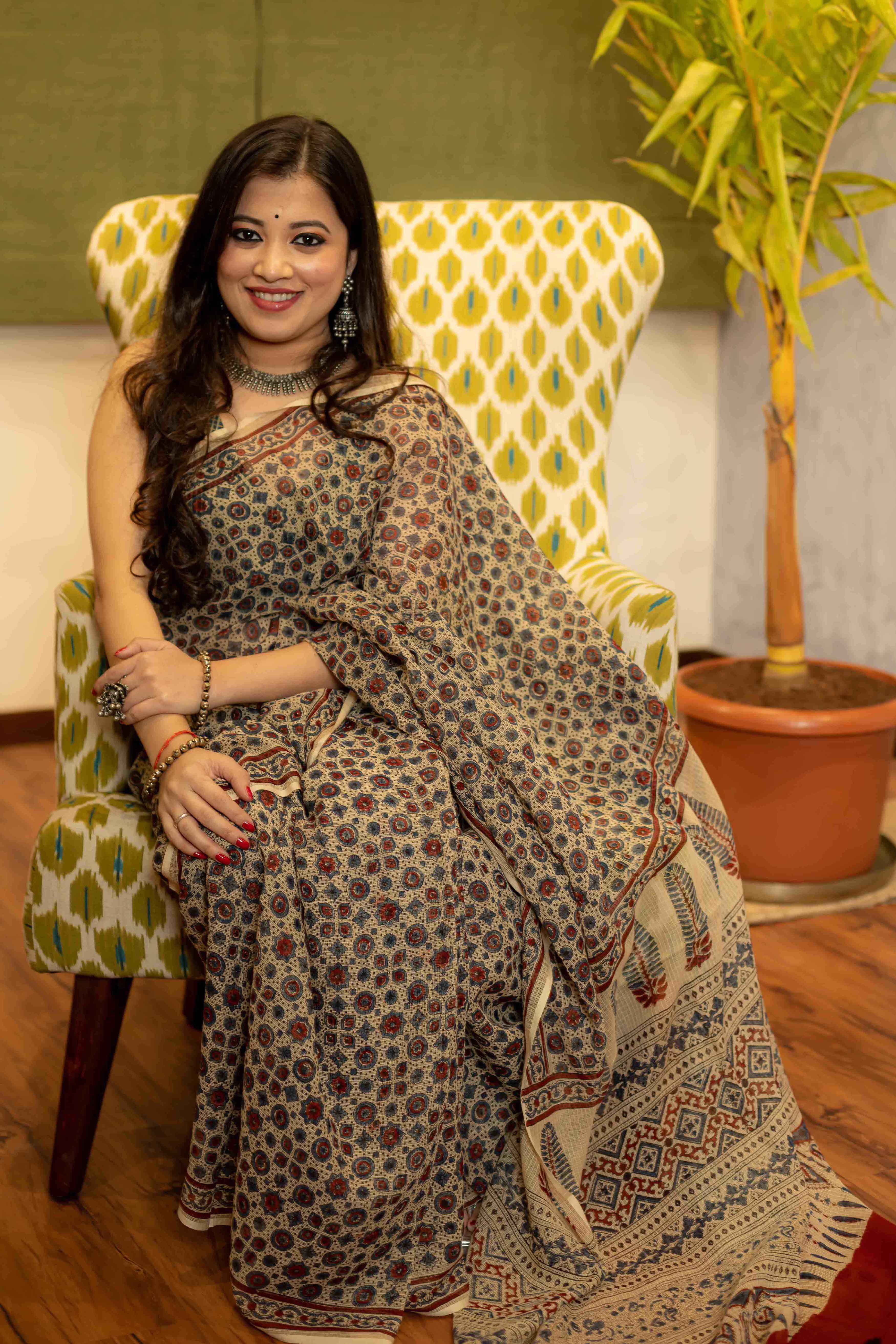 Kutch Ajrakh Hand Block Print Natural Dyed Kota Doria Cotton Saree 11