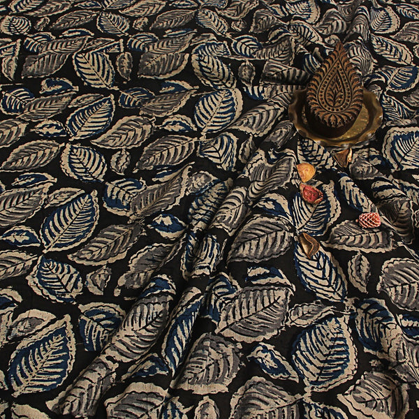 Black - Indigo Leaf Kalamkari Hand Block Printed Cotton Fabric
