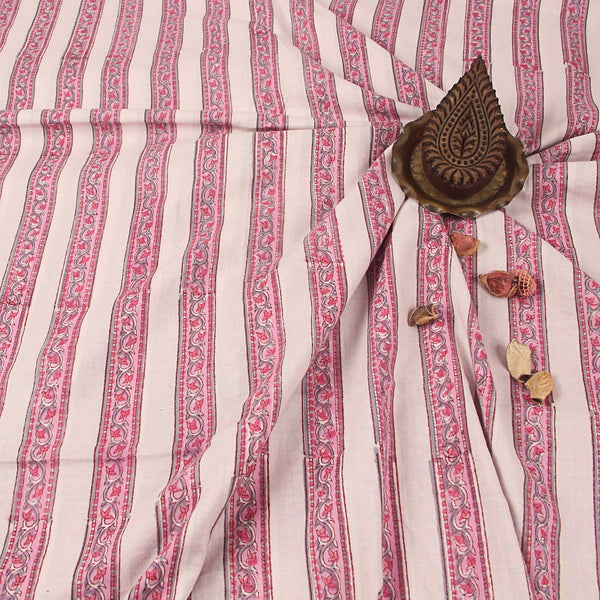 Pink Floral Border Sanganeri Hand Block Printed Cotton Fabric