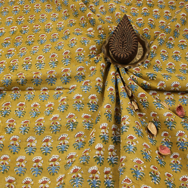 Mustard Aster Floral Sanganeri Hand Block Printed Cotton Fabric