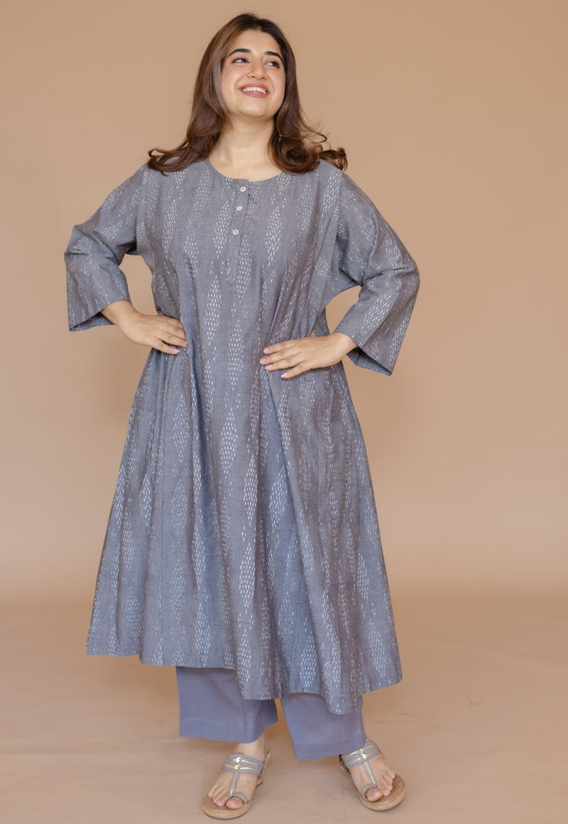 Alizah Grey Handloom Ikkat Cotton Jhabbha Kali Kurta