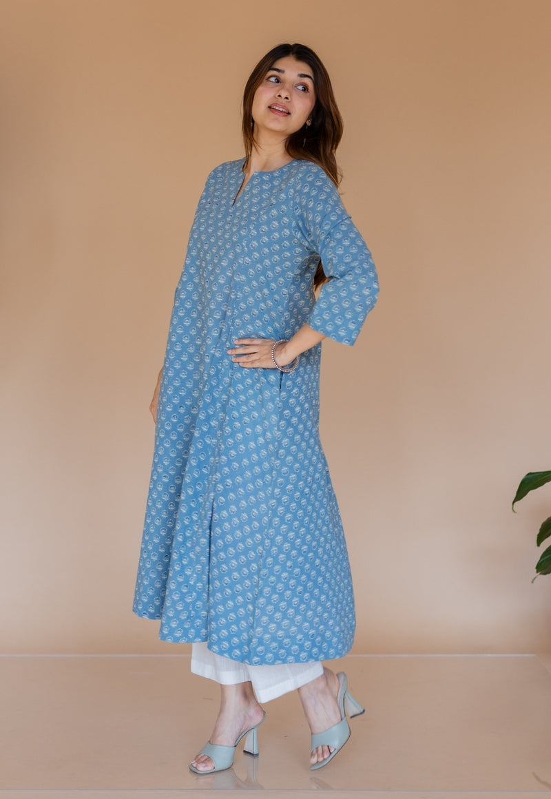 Malika Blue Ajrakh Cotton Kali Kurta