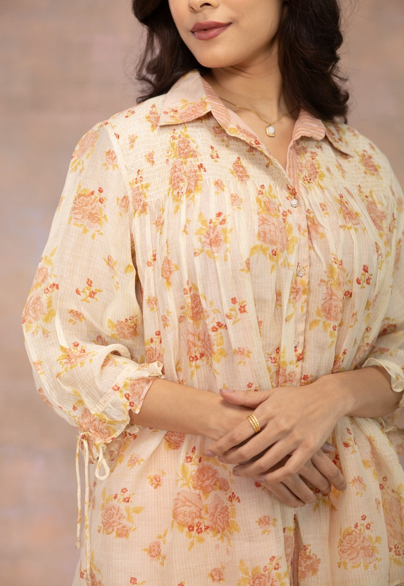 Rozgul Beige Sanganeri Chanderi Silk Straight Shot Top with Hand Embroidery