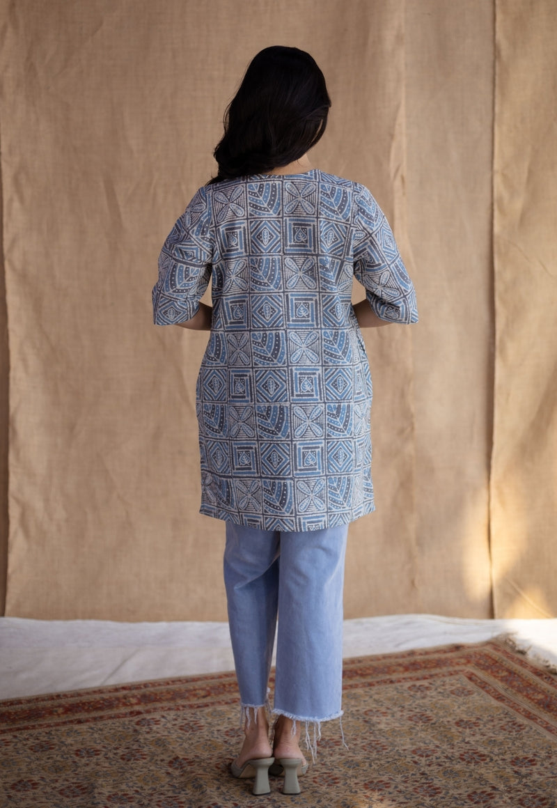 Saniya Blue Batik Cotton Straight Short Top