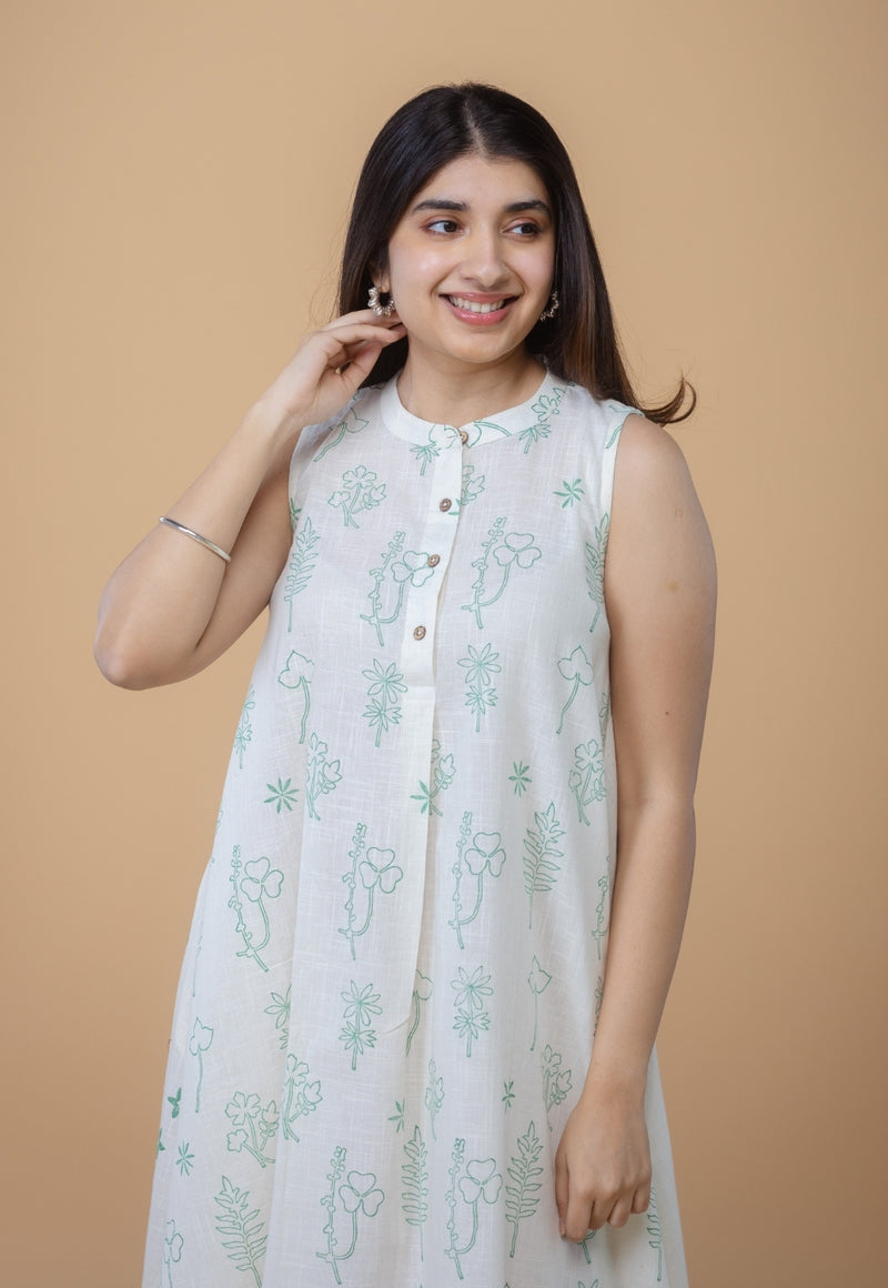 Feriha White Dabu Slub Cotton A Line Dress