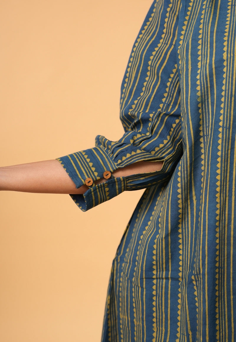 Ridah Blue Ajrakh Cotton A Line Dress