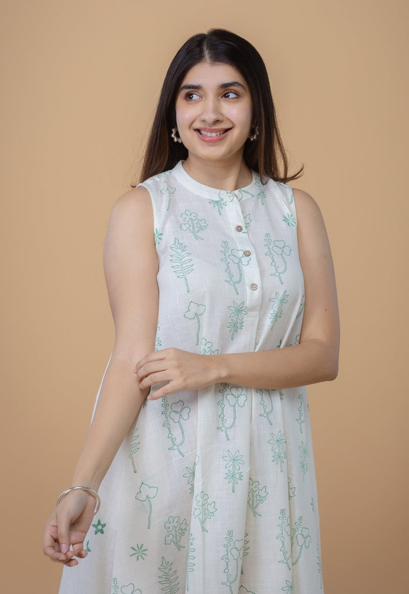 Feriha White Dabu Slub Cotton A Line Dress