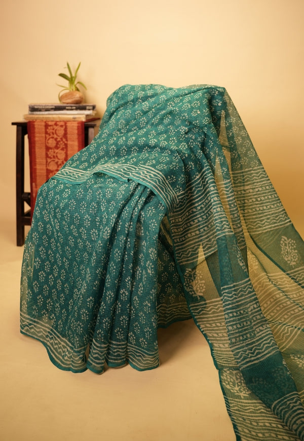 Green Butti Dabu Hand Block Print Kota Doria Saree