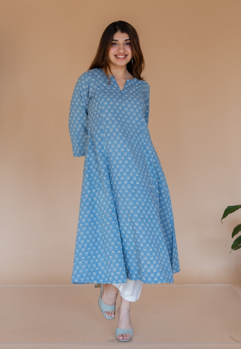 Malika Blue Ajrakh Cotton Kali Kurta