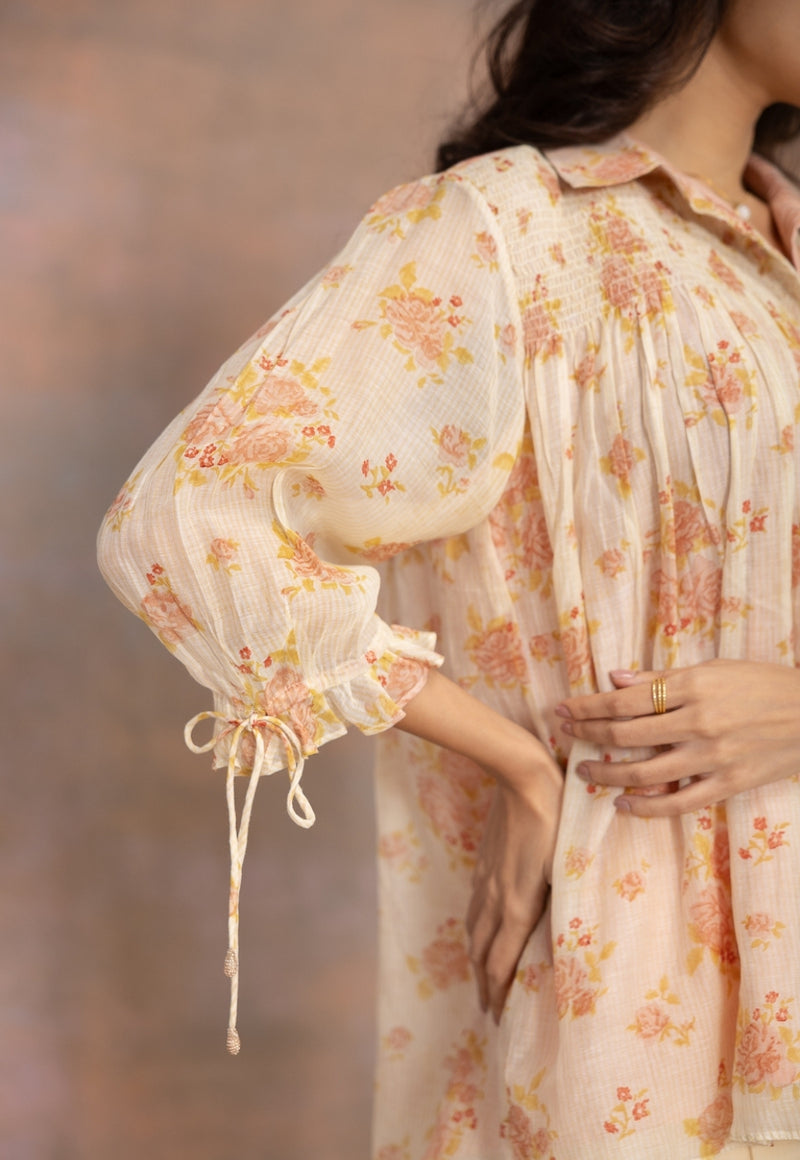 Rozgul Beige Sanganeri Chanderi Silk Straight Shot Top with Hand Embroidery