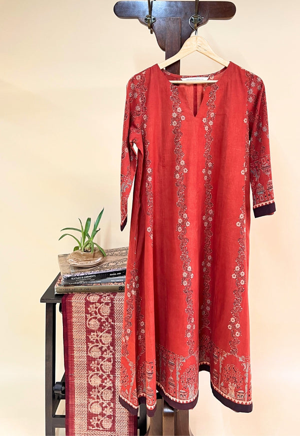 Prisha Red Ajrakh Cotton Kali Kurta