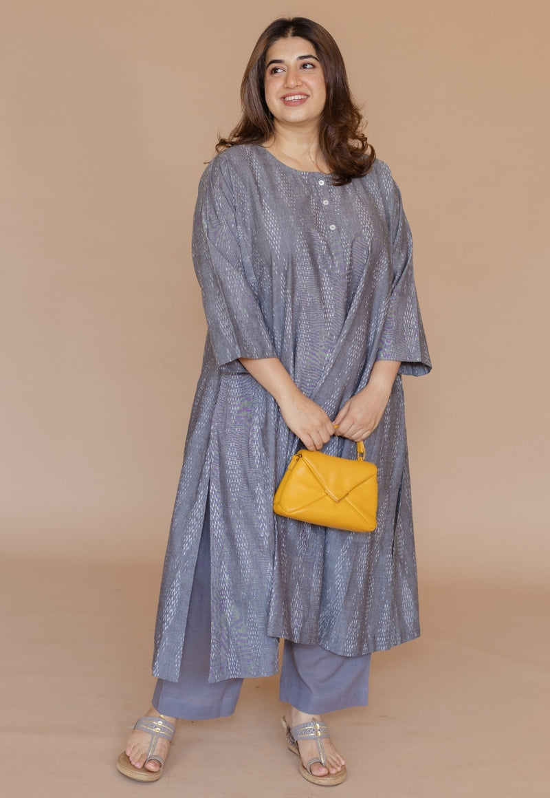 Alizah Grey Handloom Ikkat Cotton Jhabbha Kali Kurta