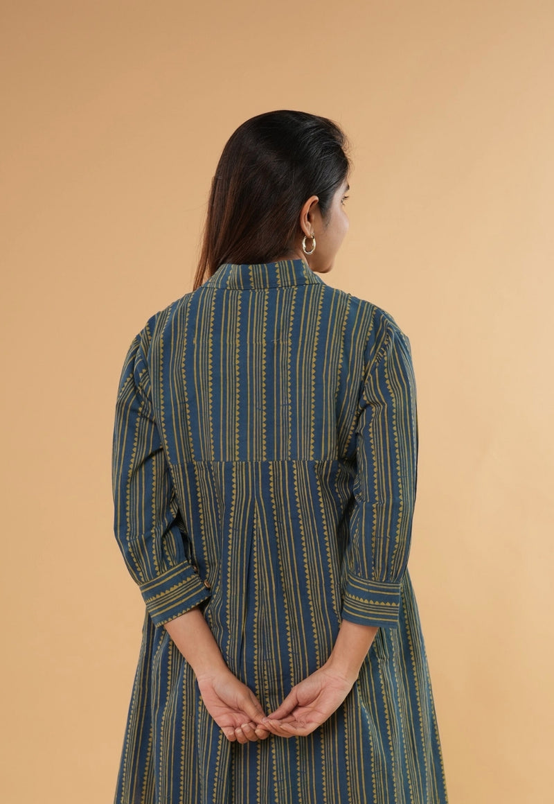 Ridah Blue Ajrakh Cotton A Line Dress