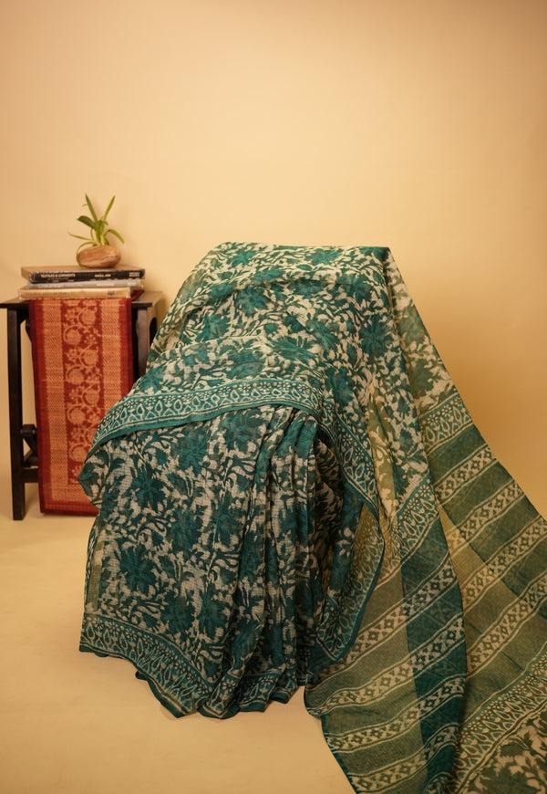 Blue Jaal Dabu Hand Block Print Kota Doria Saree