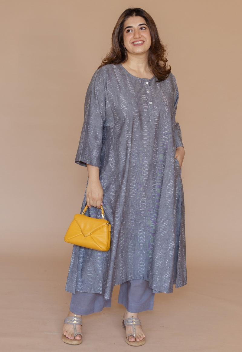 Alizah Grey Handloom Ikkat Cotton Jhabbha Kali Kurta