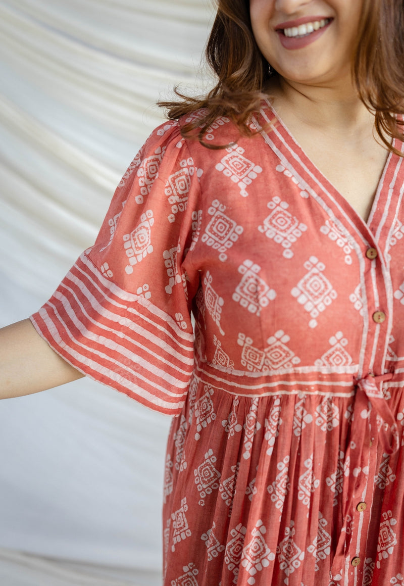 Zara Red Batik MulMul Cotton A Line Dress