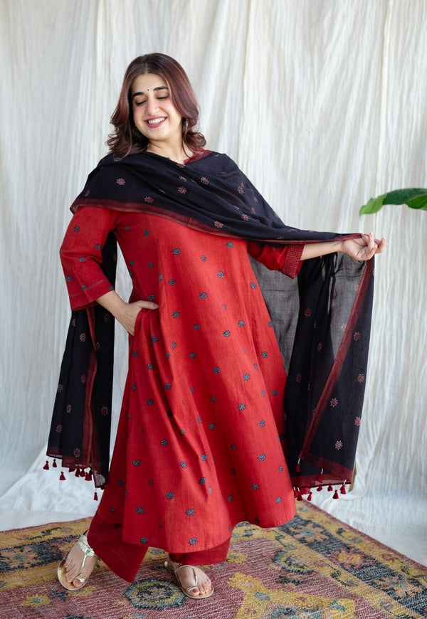 Kamal Red Ajrakh Cotton Kali Kurta with Hand Embroidery