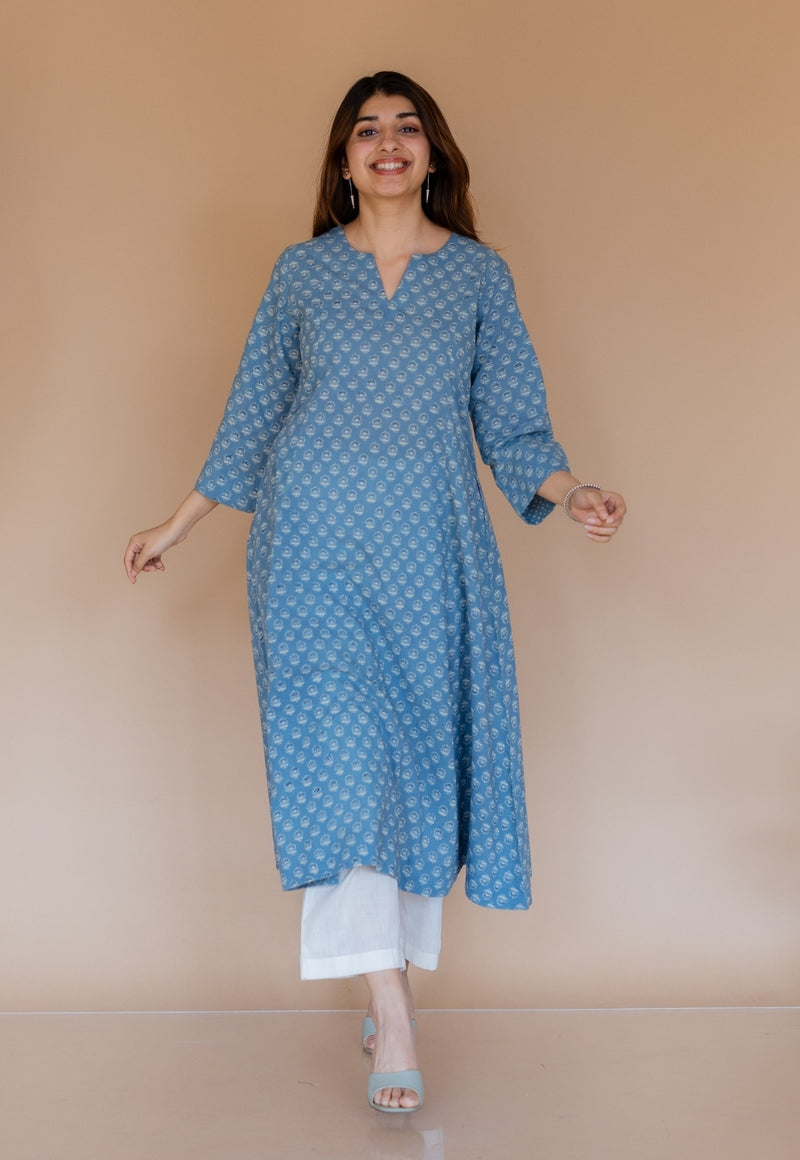 Malika Blue Ajrakh Cotton Kali Kurta