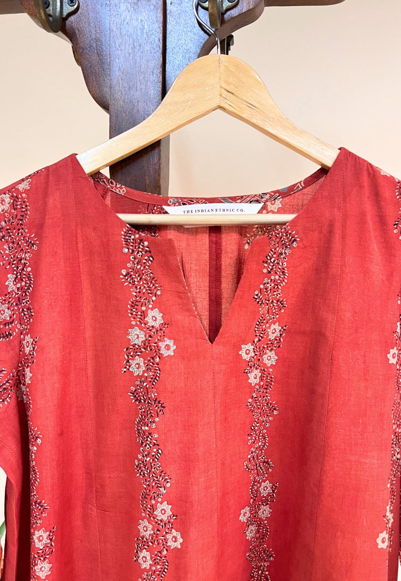 Prisha Red Ajrakh Cotton Kali Kurta