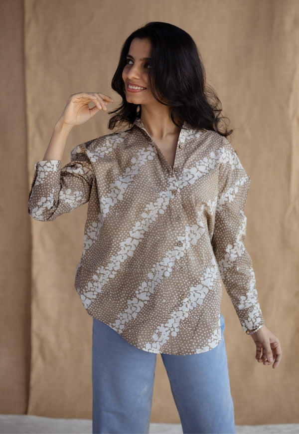 Ruhi Beige Batik Cotton Loose Shirt