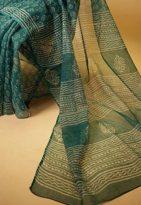 Green Butti Dabu Hand Block Print Kota Doria Saree