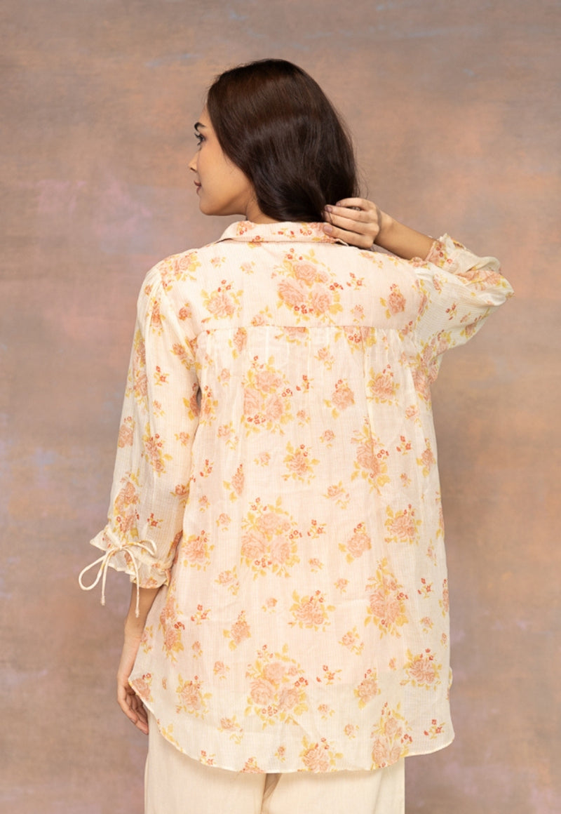 Rozgul Beige Sanganeri Chanderi Silk Straight Shot Top with Hand Embroidery
