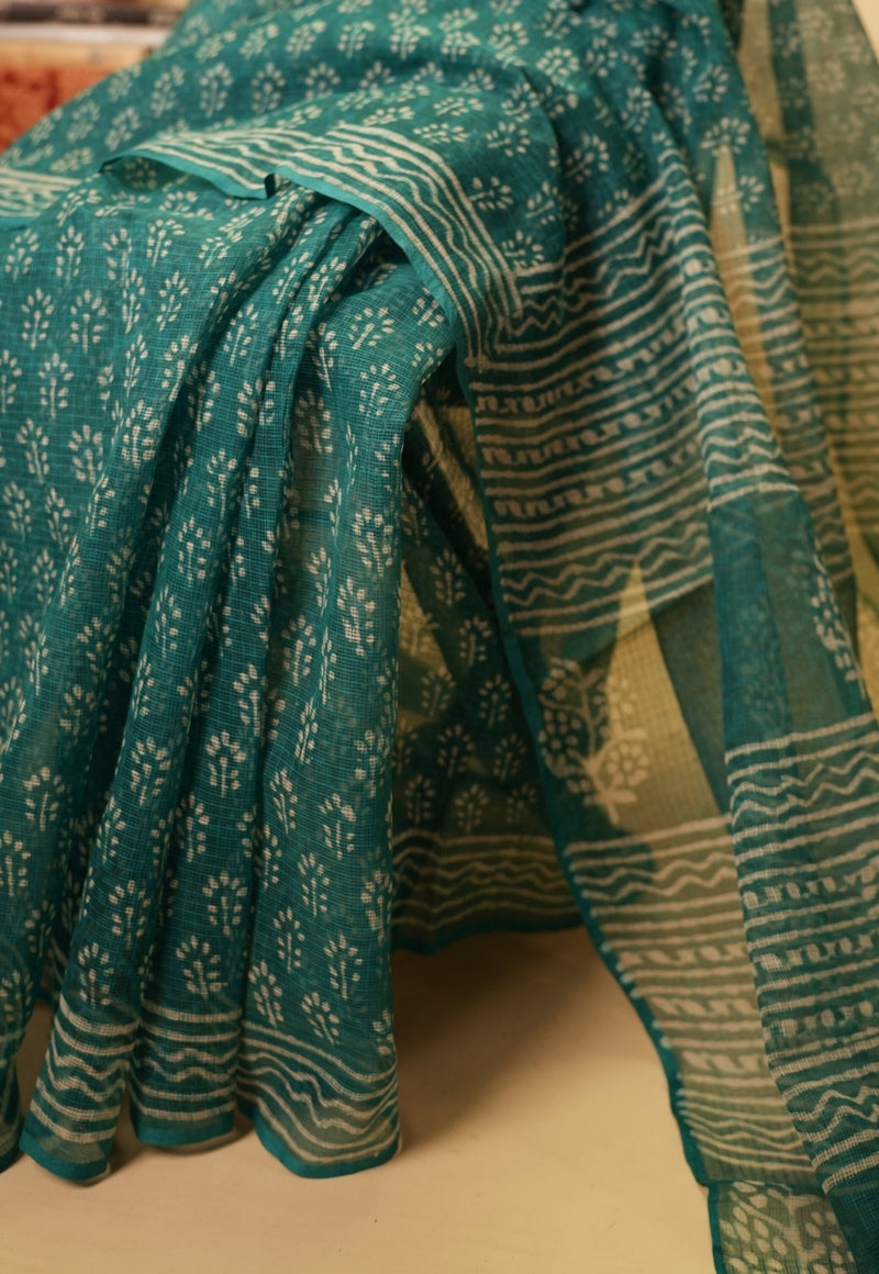 Green Butti Dabu Hand Block Print Kota Doria Saree