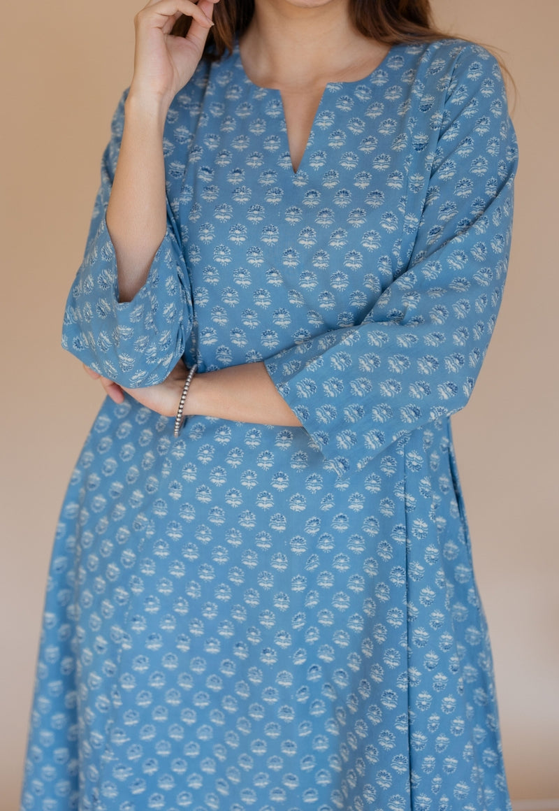 Malika Blue Ajrakh Cotton Kali Kurta