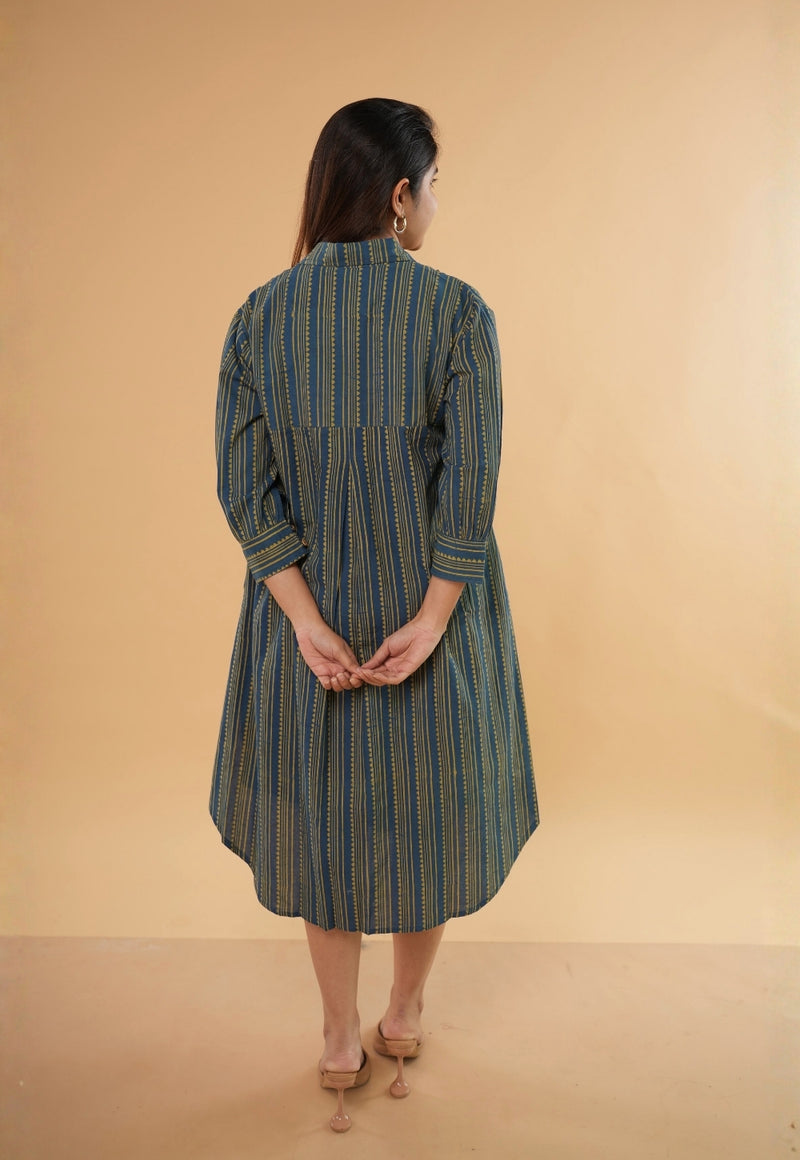 Ridah Blue Ajrakh Cotton A Line Dress
