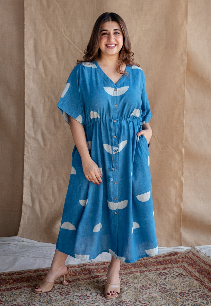 Emara Indigo Dabu Slub Cotton Loose Dress with Embroidery