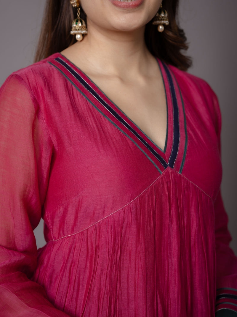 Smita Pink Solid Chanderi Silk A Line Kurta