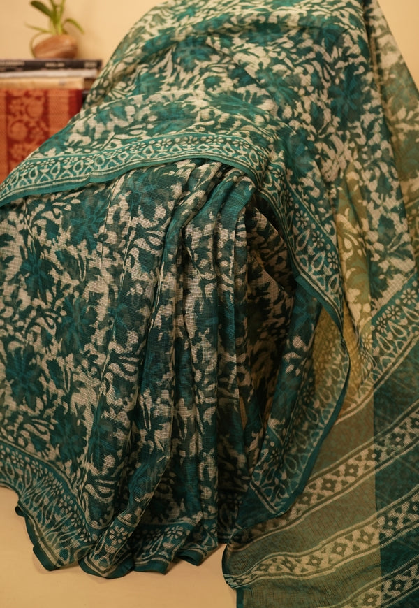 Blue Jaal Dabu Hand Block Print Kota Doria Saree