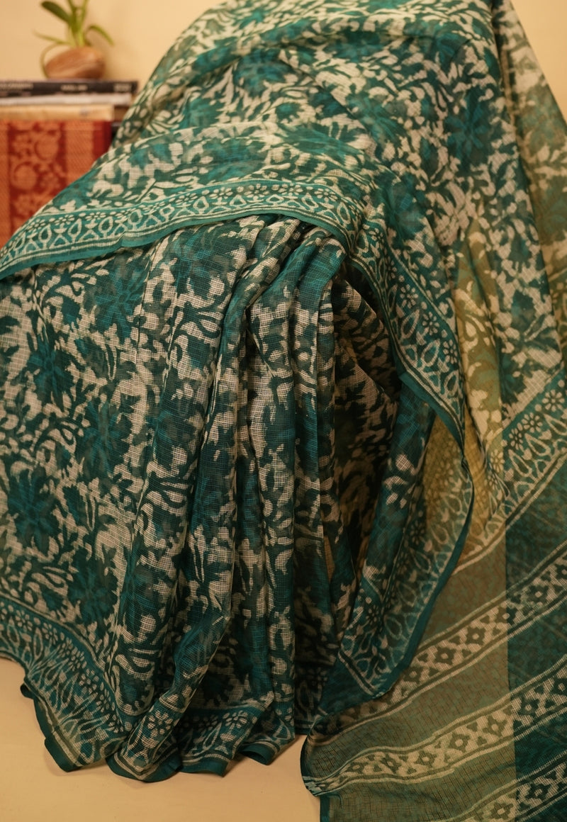 Blue Jaal Dabu Hand Block Print Kota Doria Saree