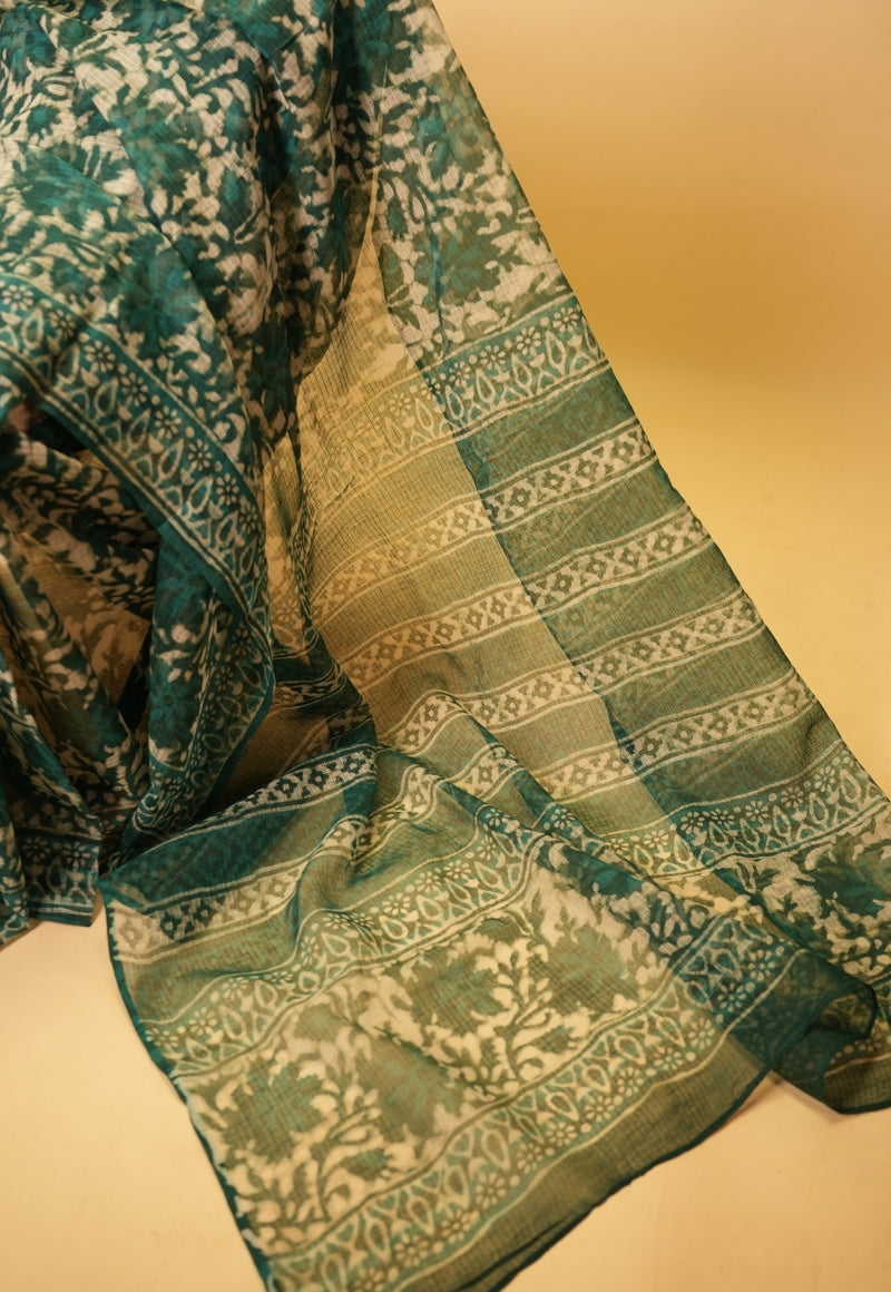 Blue Jaal Dabu Hand Block Print Kota Doria Saree