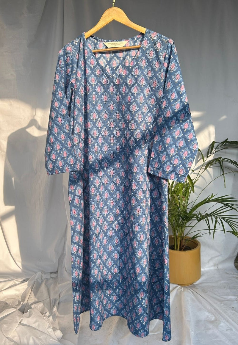 Anamika Blue Sanganeri Cotton A Line Kurta