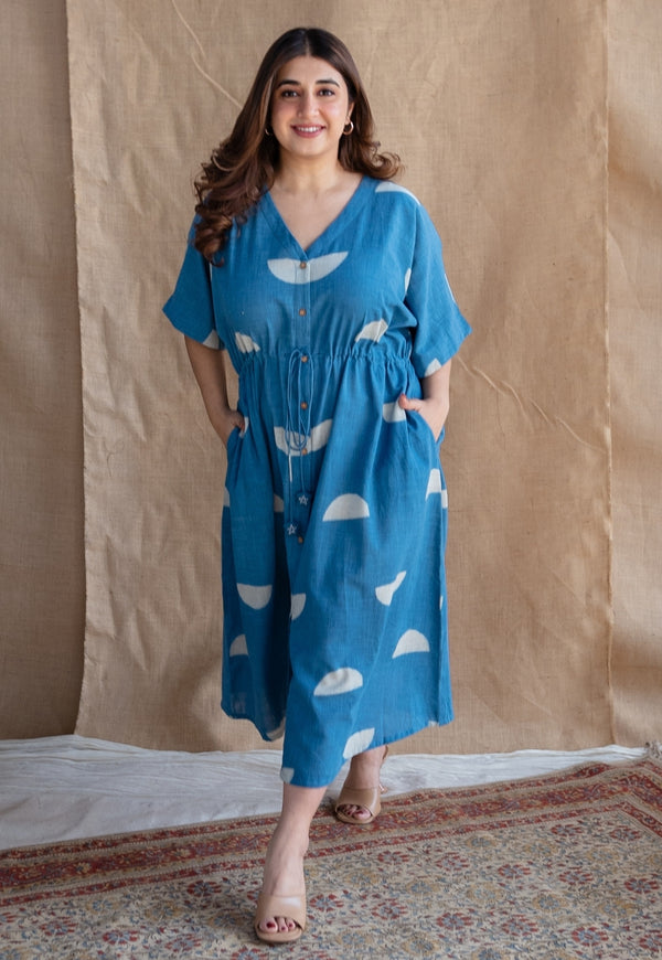 Emara Indigo Dabu Slub Cotton Loose Dress with Embroidery