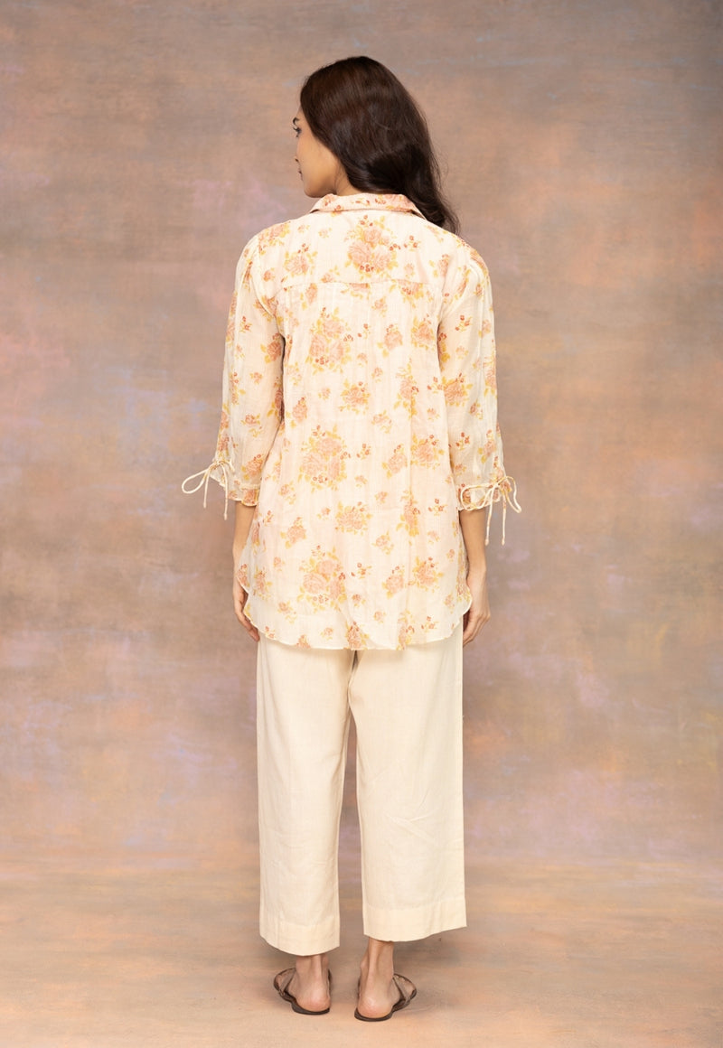 Rozgul Beige Sanganeri Chanderi Silk Straight Shot Top with Hand Embroidery