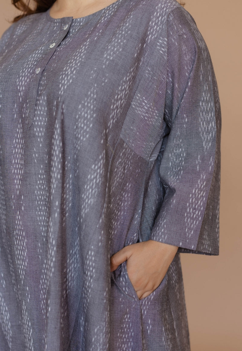 Alizah Grey Handloom Ikkat Cotton Jhabbha Kali Kurta